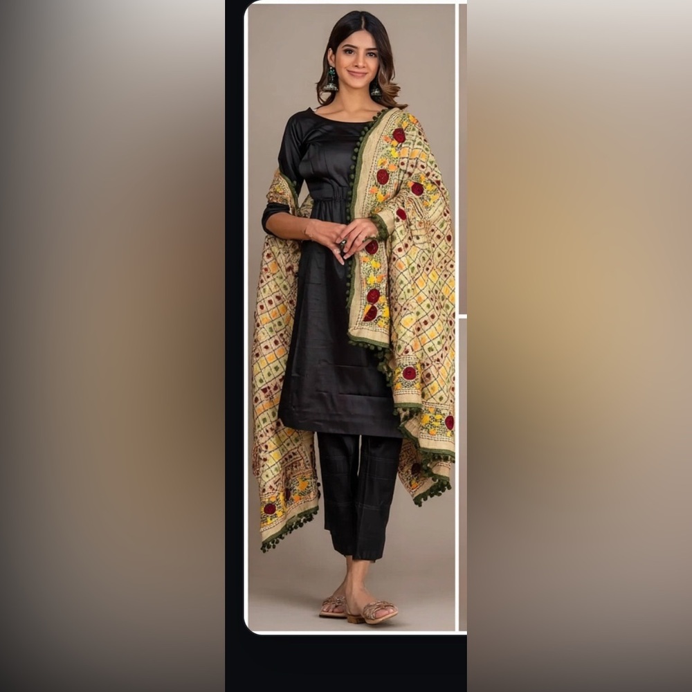 Shawl Green Pom Pom long Duppatta Raw Silk handmade mirror and thread scarf long